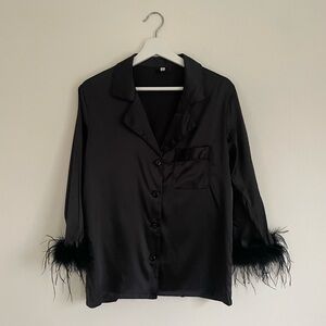 Black Faux Feather Cuff Button-Up Shirt